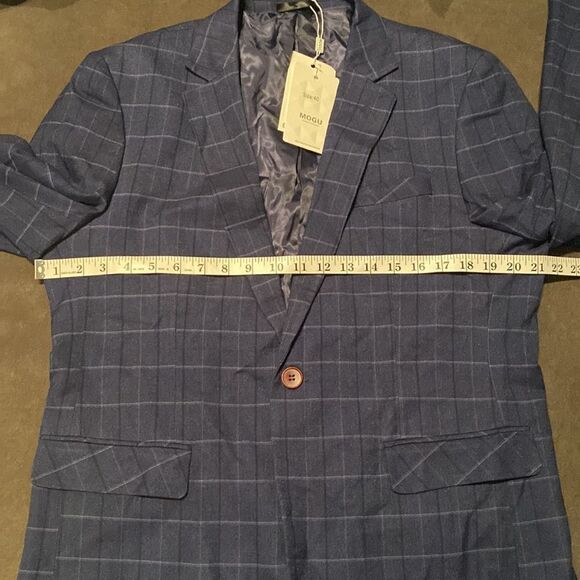 Men’s Mogu Blue Plaid 3 Piece Slim Fit Suit Jacket 40 Pants 36 NWT - Picture 9 of 14